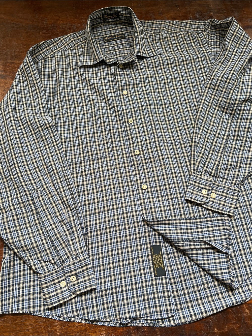 FERRELL REED Cotton Woven in Italy Button Down Camp LS Shirt Blue/Grey Plaid L